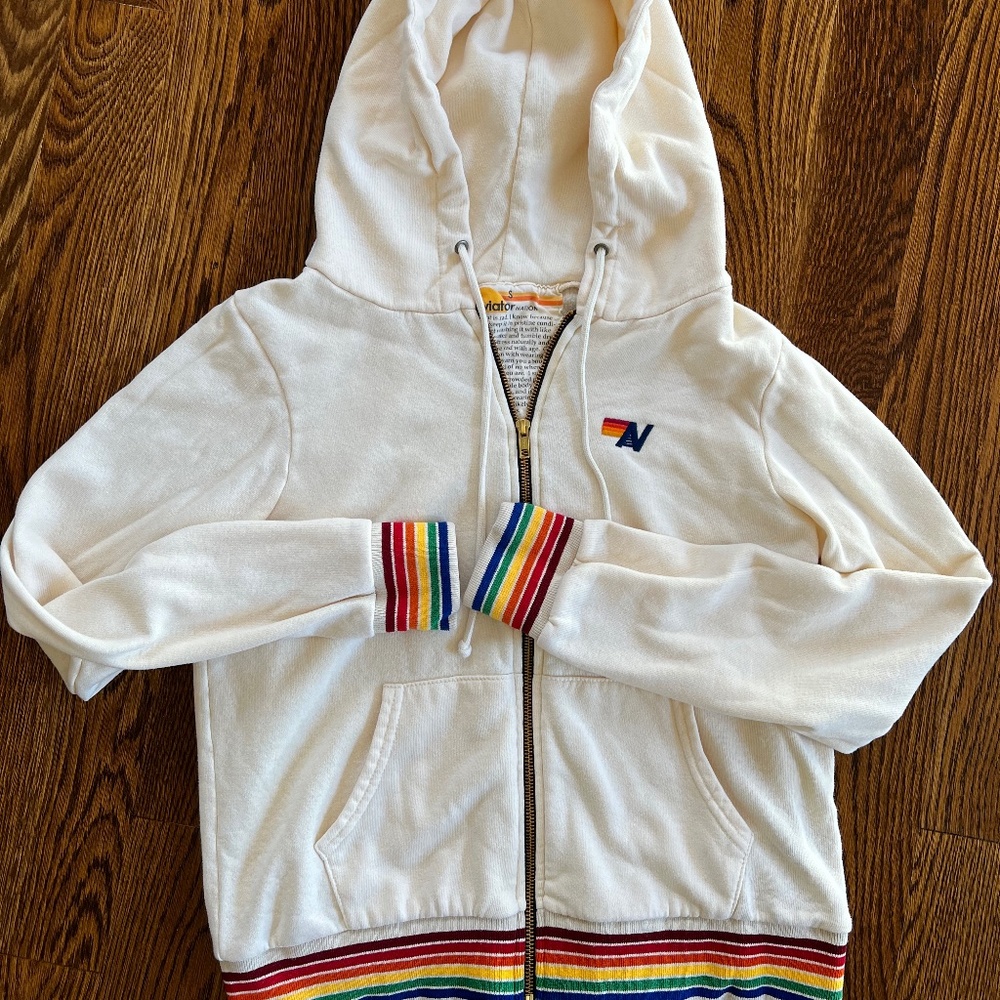 Aviator Nation - Rainbow Ribbed Relaxed Zip Hoodie - Vintage White
